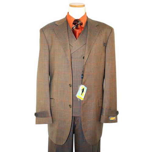 Steve Harvey Collection Taupe With Olive Undertone Cognac Windowpane French Cuffs Super 120's Merino Wool Vested Suit